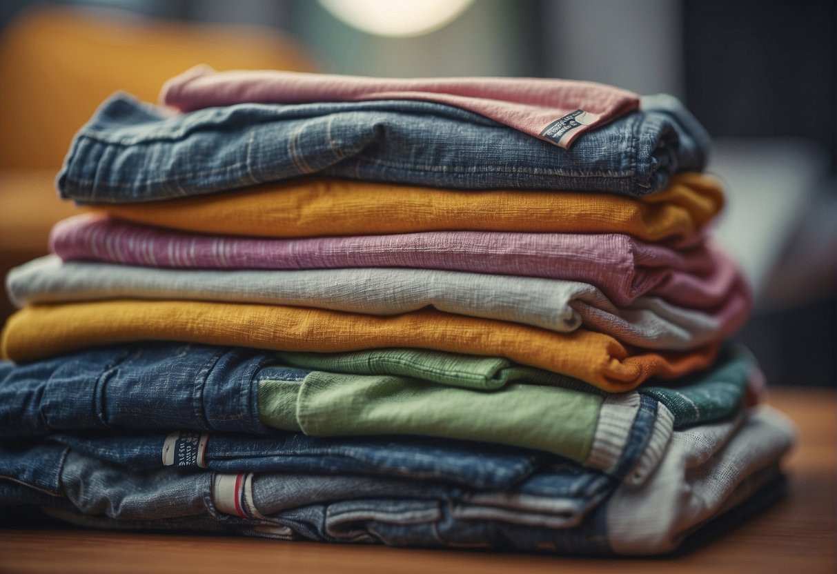 A stack of colorful toddler clothing with various size labels displayed clearly