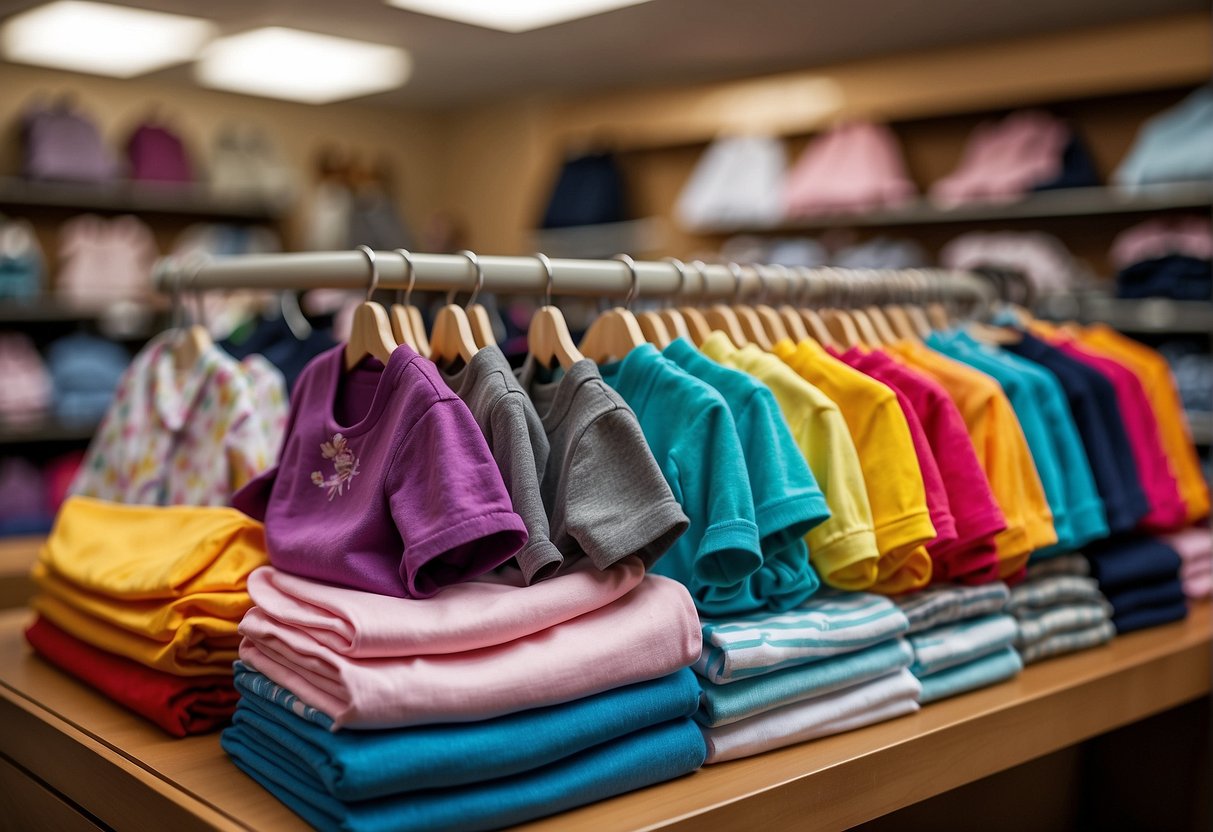 A colorful array of toddler clothing in various sizes, from tiny onesies to small t-shirts and pants, neatly folded and displayed on shelves