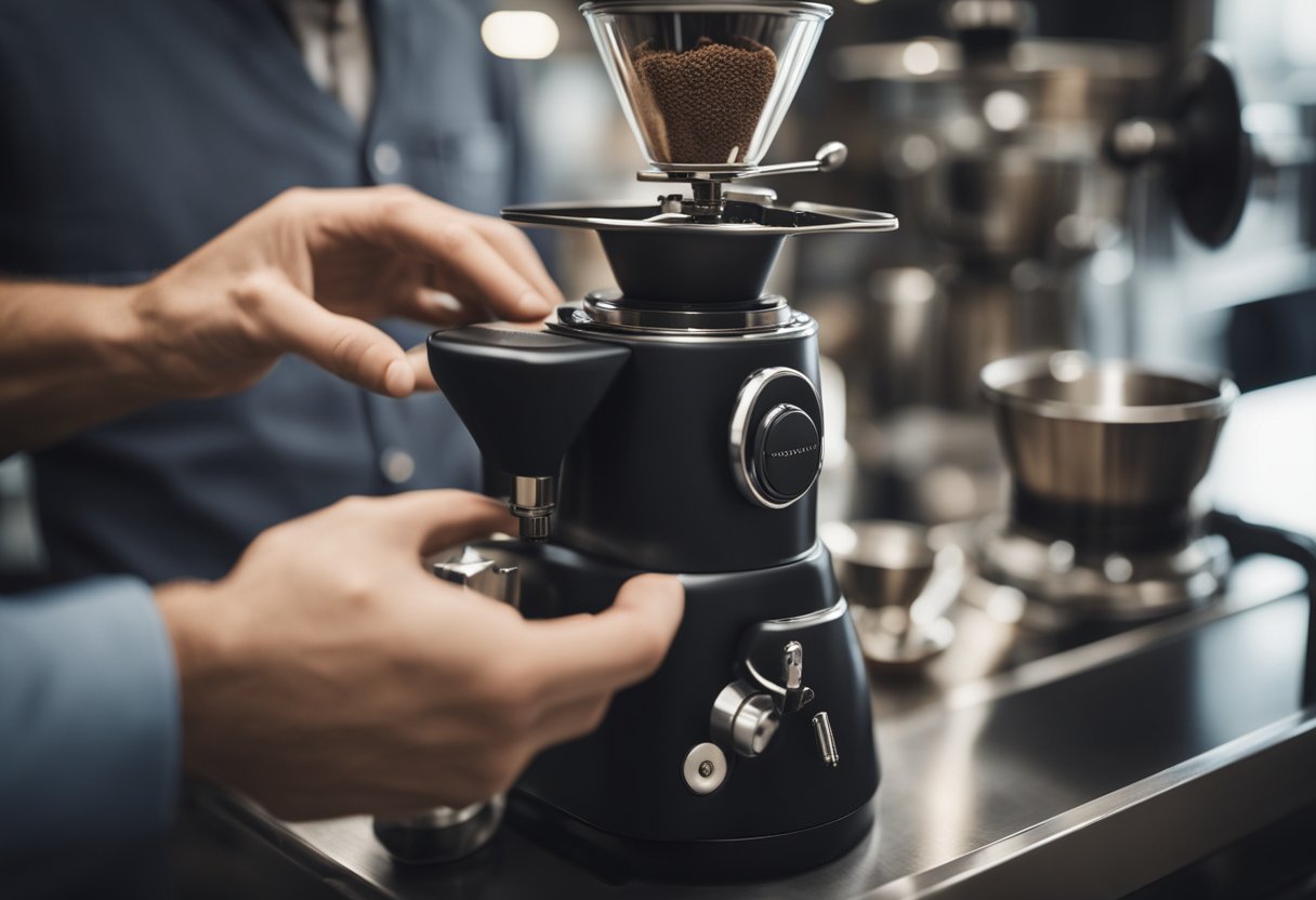 A hand adjusting a coffee grinder setting for different brewing methods