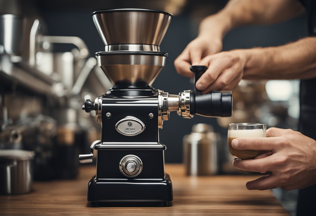 A hand adjusting a coffee grinder to different settings for various brewing methods. Quality control and consistency are emphasized in the process