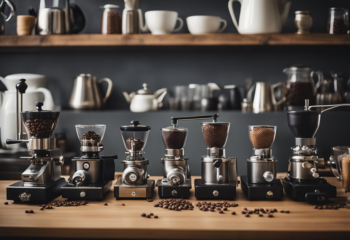 A table with various coffee grinders, a selection of different coffee beans, and brewing equipment arranged neatly for a demonstration on adjusting grind size for different brewing methods