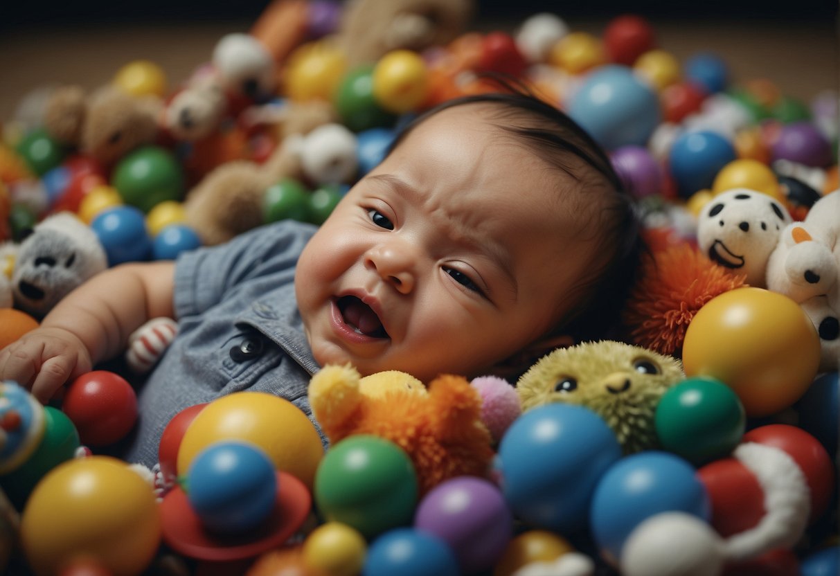 A baby grimaces as they lay on their back, surrounded by scattered toys. Their face is scrunched up in discomfort, and they kick their legs in frustration