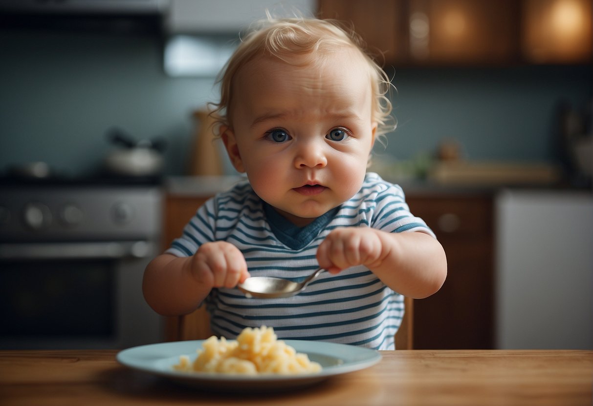 A baby turning away from a spoonful of food, with a scrunched-up face and arms pushing the food away