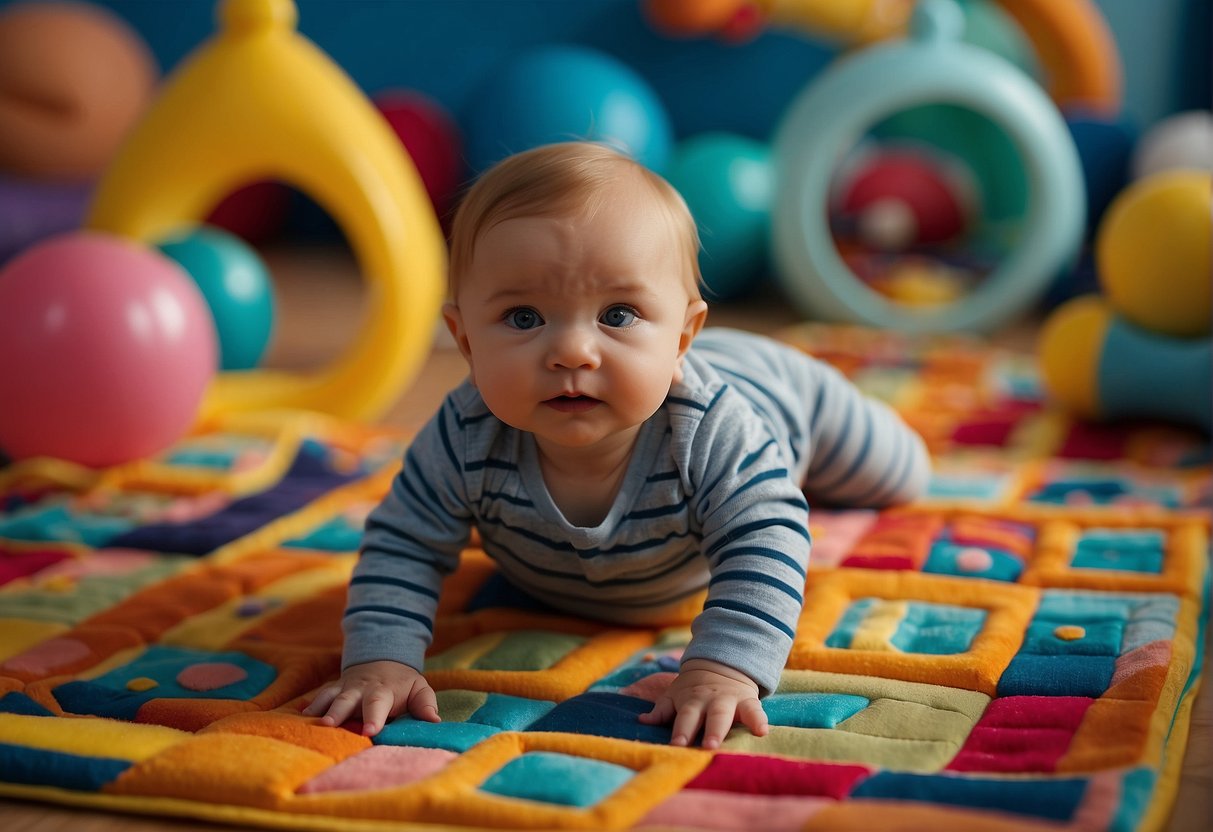 A baby lies on a colorful, padded mat, frowning and lifting their head and arms in protest during tummy time. Toys and a mirror are scattered around the mat