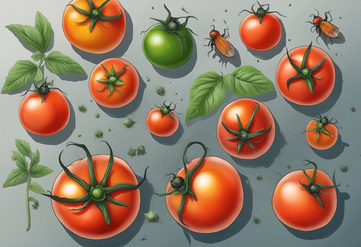 Ripe tomatoes with mold on the bottom, surrounded by flies and emitting a foul odor