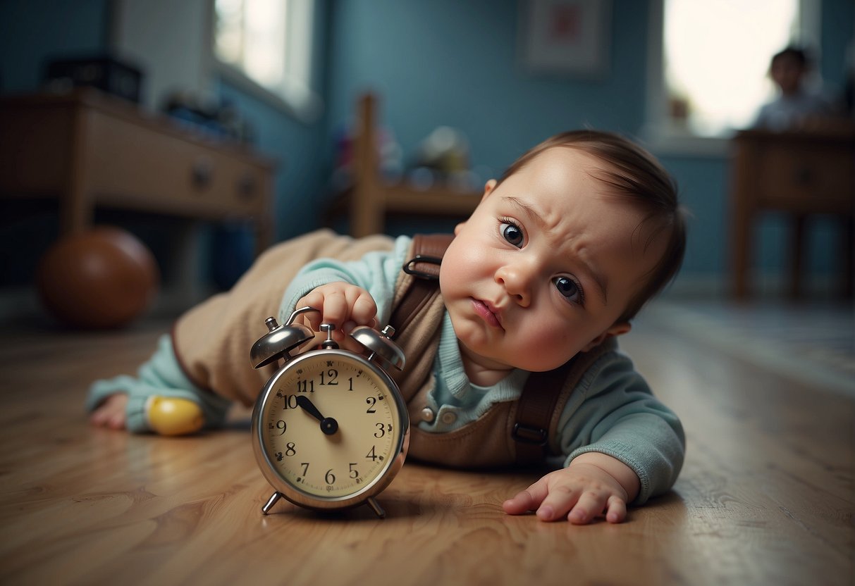 A baby lays on its tummy, frowning and pushing against the floor. Toys are scattered around, ignored. A clock on the wall shows the passing time