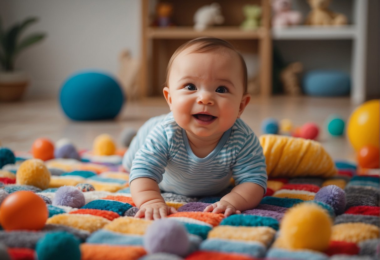A happy baby lying on a colorful, soft mat, surrounded by toys and a mirror. The baby is lifting their head and engaging with the toys during tummy time
