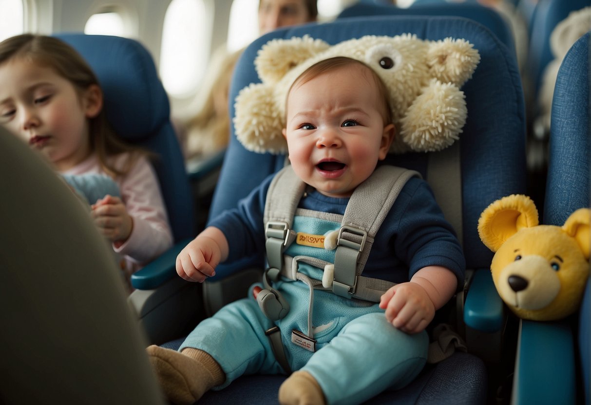 A baby cries in a cramped airplane seat, surrounded by loud engine noise and unfamiliar faces, clutching a stuffed animal for comfort