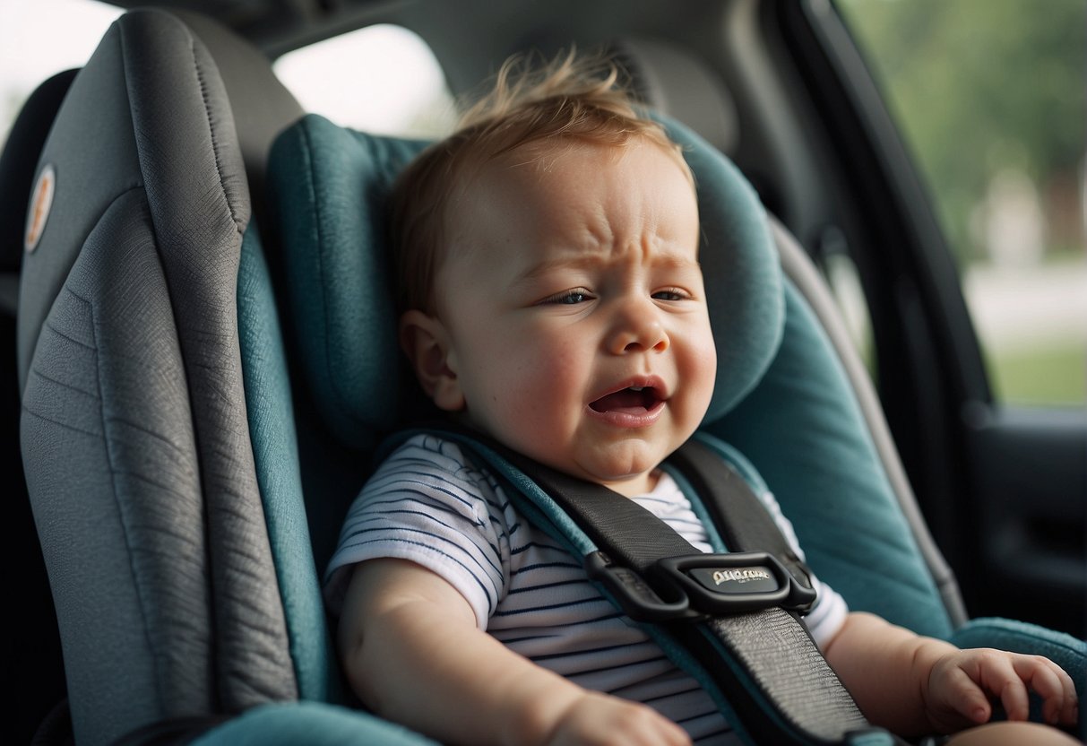 A baby cries and squirms in a car seat, face contorted in distress, while a frustrated caregiver tries to soothe them