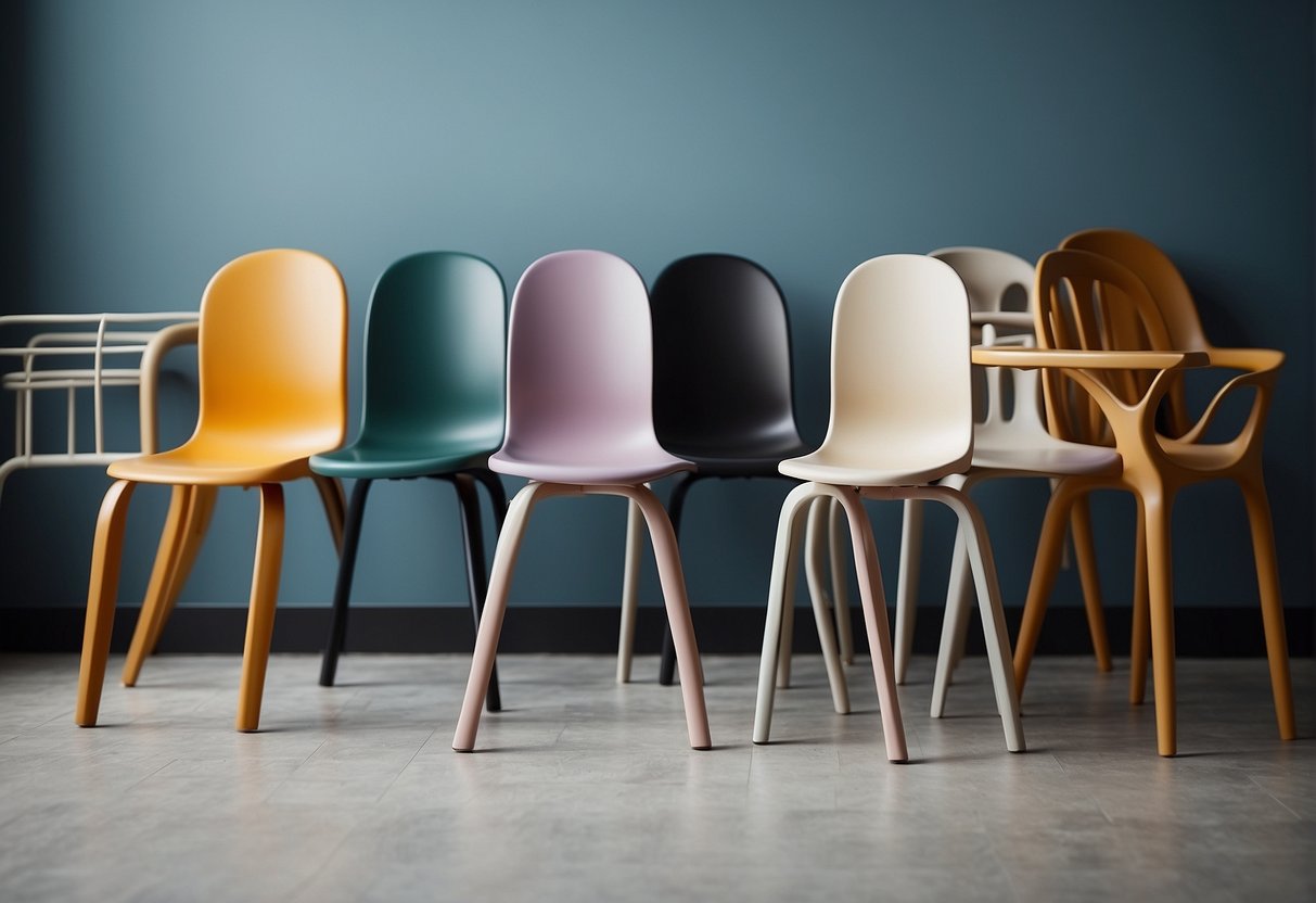 A variety of high chairs arranged in a row, showcasing different styles and designs. Each chair has a unique shape, color, and features
