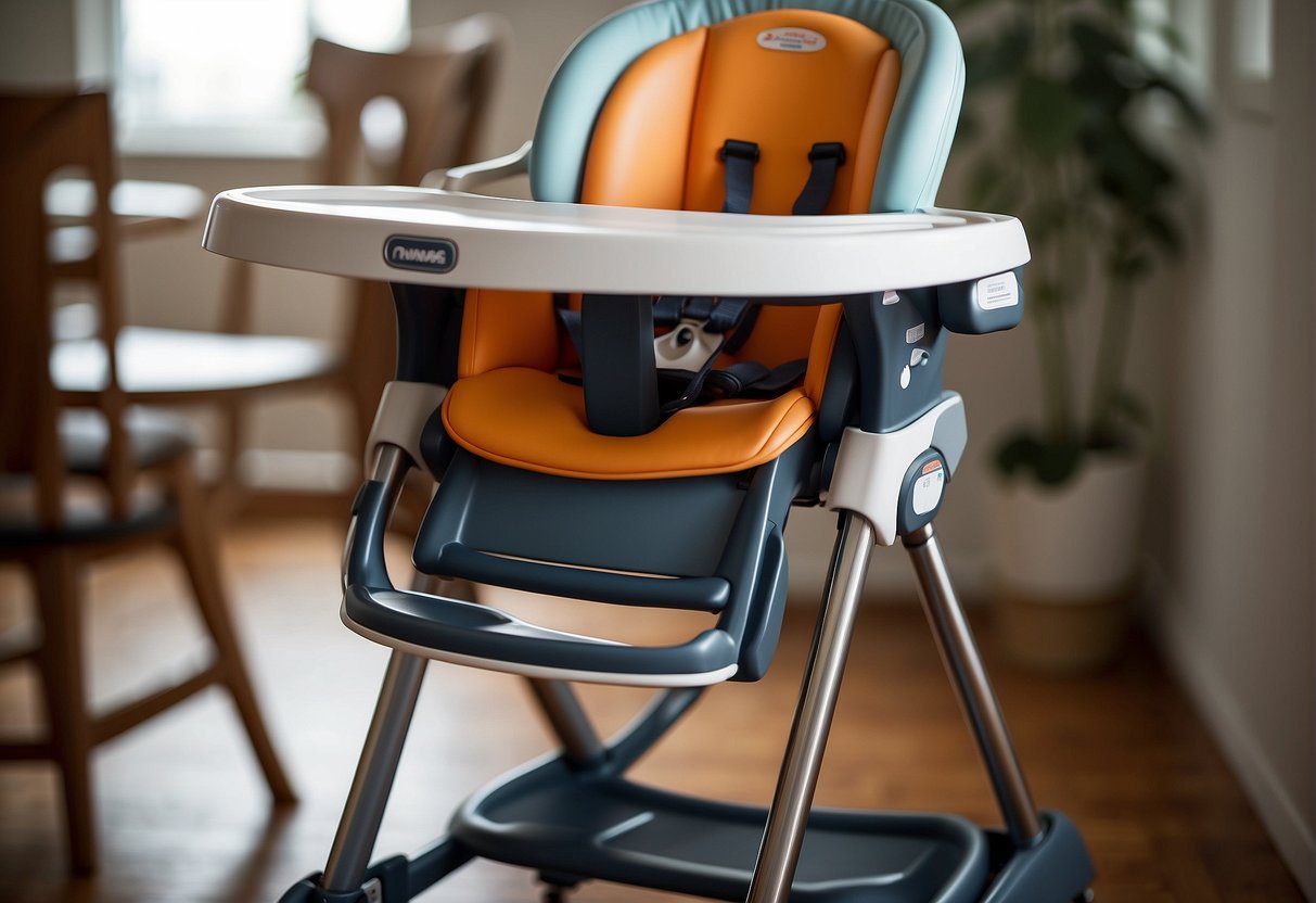 A high chair with a five-point harness, adjustable straps, and a sturdy base, surrounded by a spill-proof tray and non-slip feet