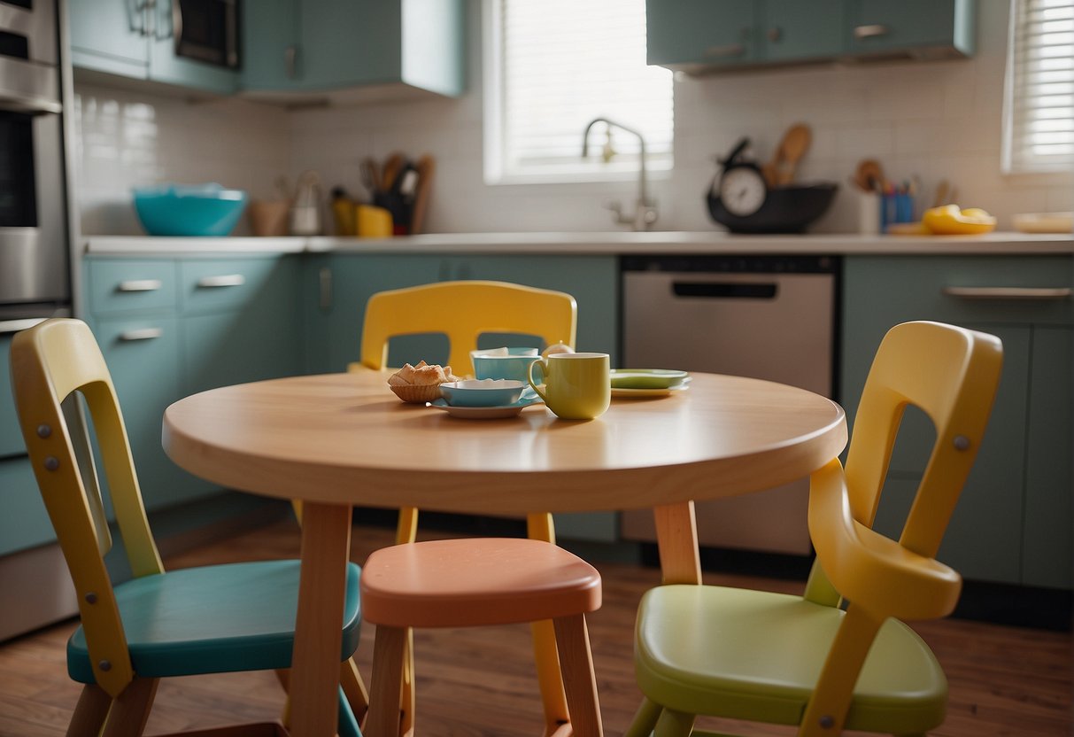 Two types of child seating, high chairs and booster seats, arranged in a kitchen setting with a table and food