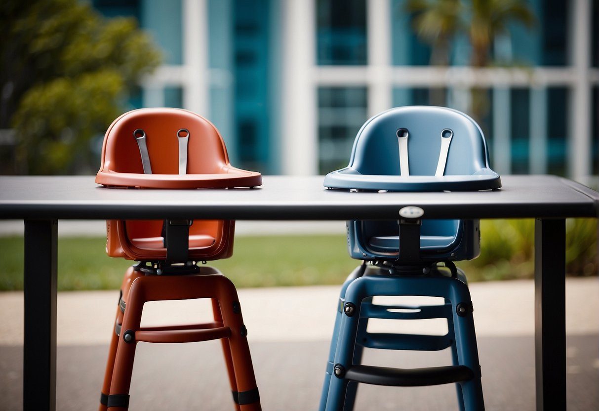 A high chair and a booster seat are placed side by side, highlighting their differences in size, design, and functionality
