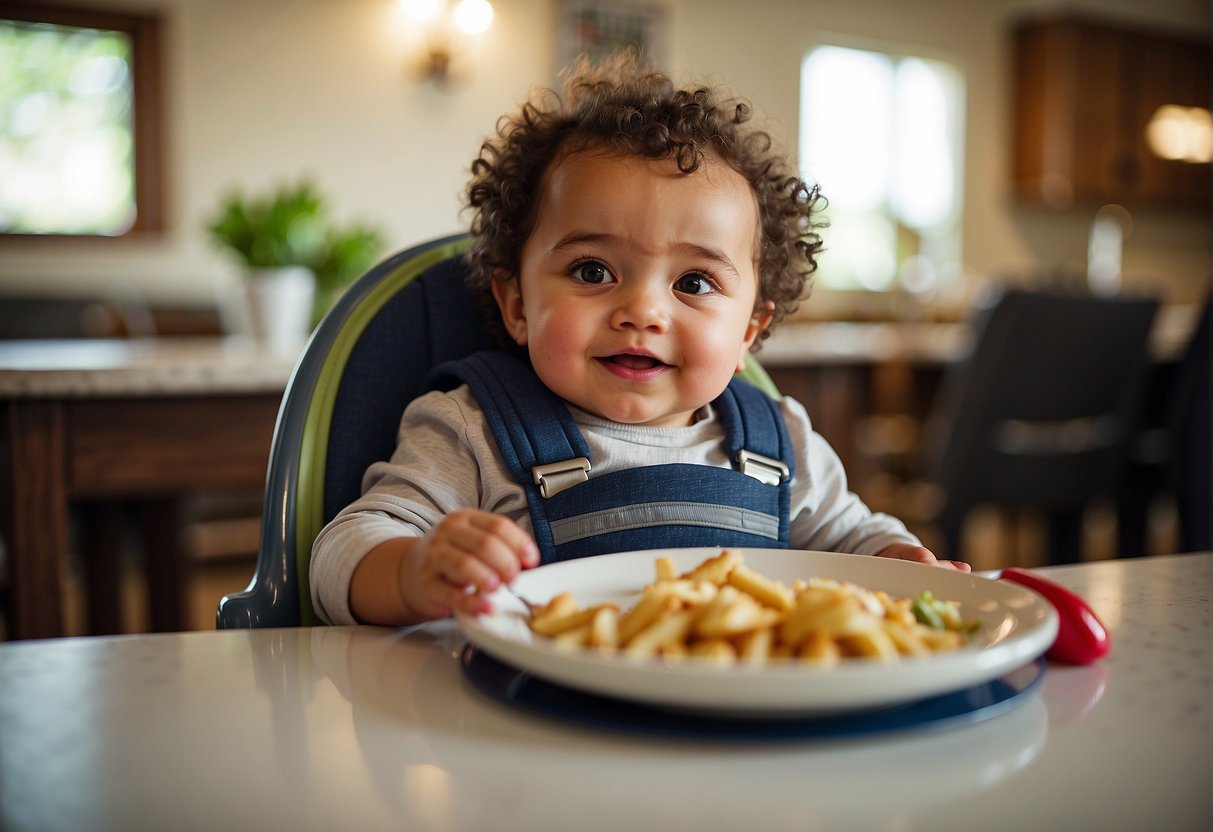 A toddler sits in a booster seat at a dining table, while a high chair sits empty nearby. The booster seat is securely strapped to the chair, and the child is happily reaching for their food