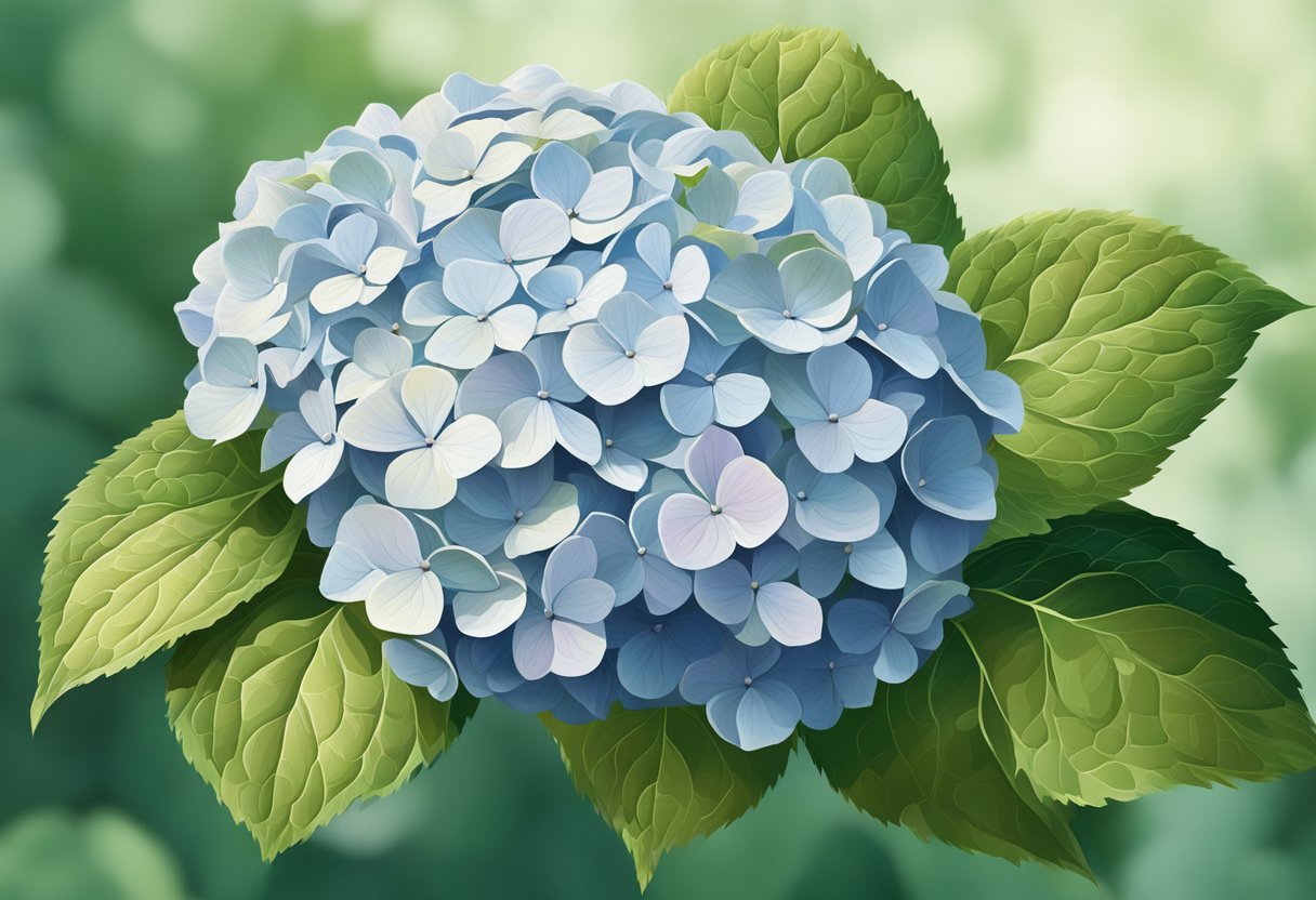 A close-up of a hydrangea with brown spots on its leaves and petals, set against a backdrop of lush green foliage