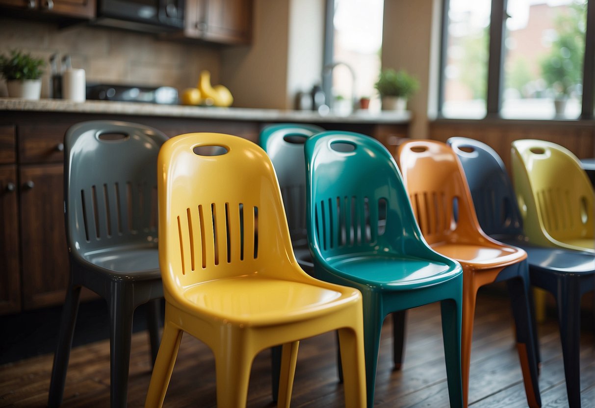 High chairs and booster seats arranged in various settings, such as a kitchen, restaurant, and living room. Different styles and colors