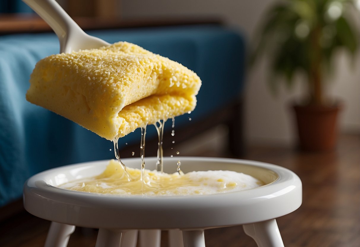 A sponge wipes down a high chair cover with soapy water, removing food stains and spills