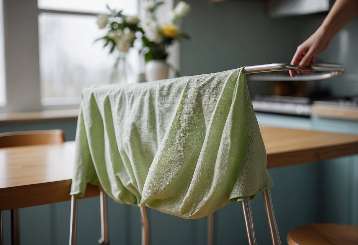 A high chair cover made of durable, wipeable material is being cleaned with a damp cloth and mild soap, then air-dried