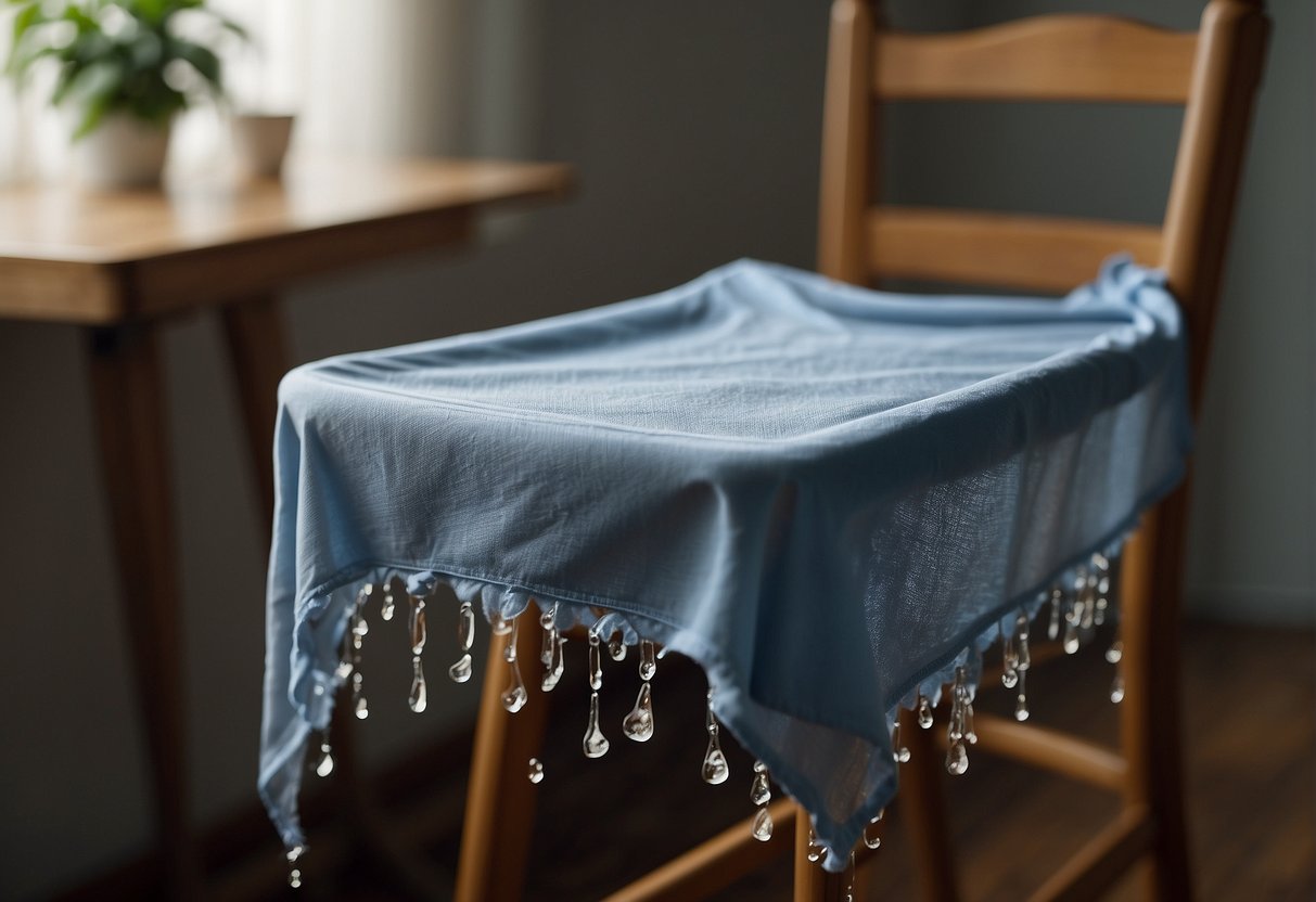 A high chair cover is being removed and washed with soap and water, then hung to dry