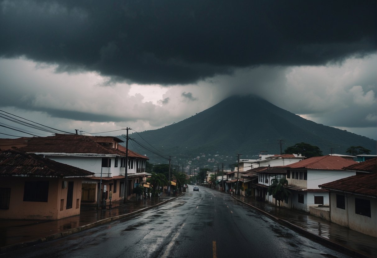 Dark clouds loom over deserted streets in Guatemala, as heavy rain pours down, flooding the roads and making it the worst time to visit