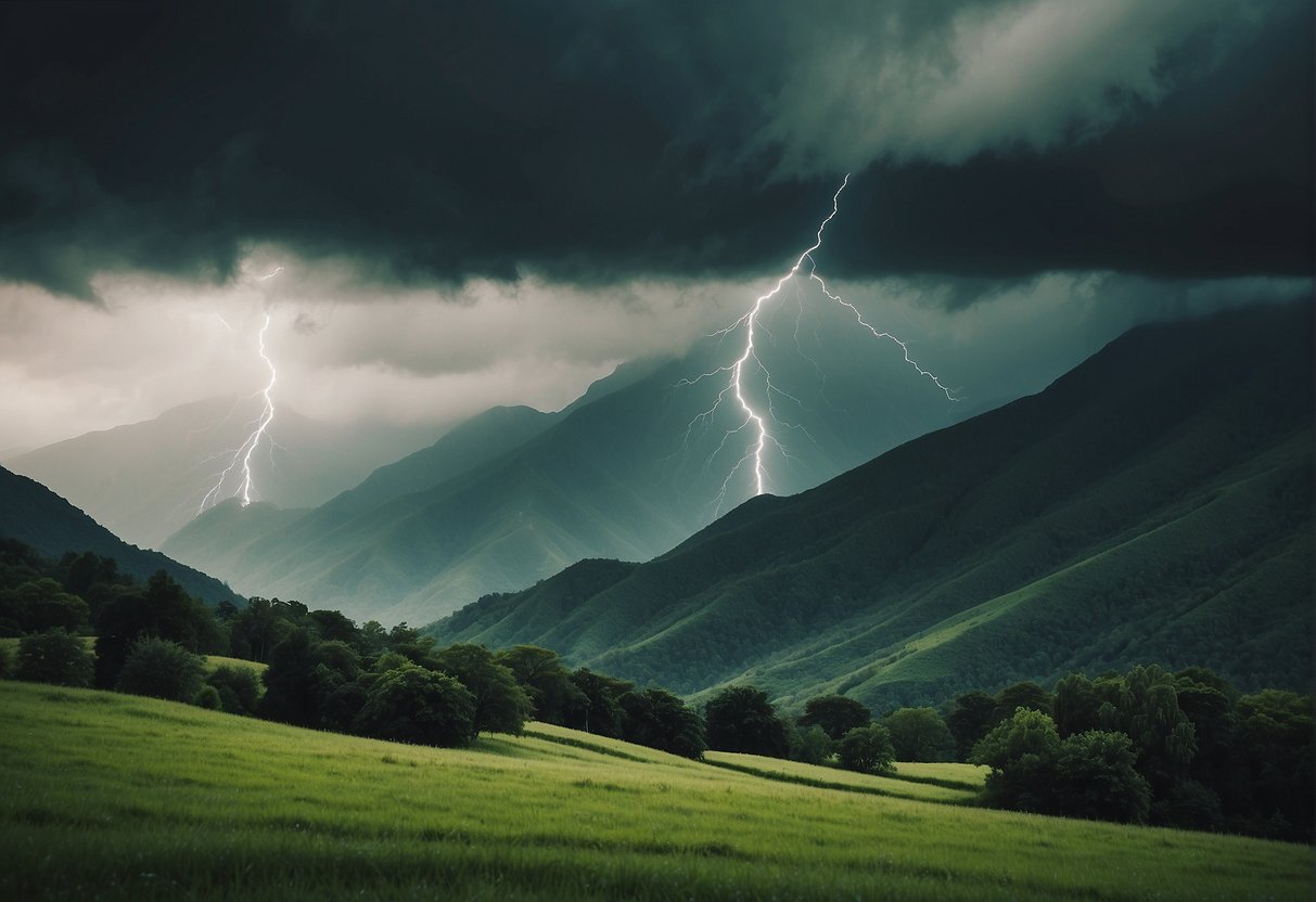 Lush green mountains under heavy rain, with dark clouds and lightning