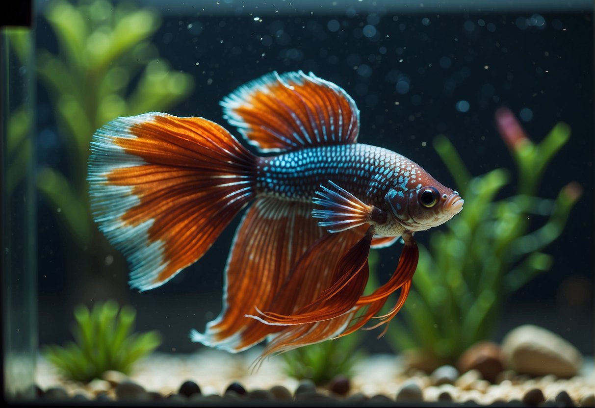 A betta fish flares its colorful fins and gills, facing an empty corner of the tank with a curious and defensive posture