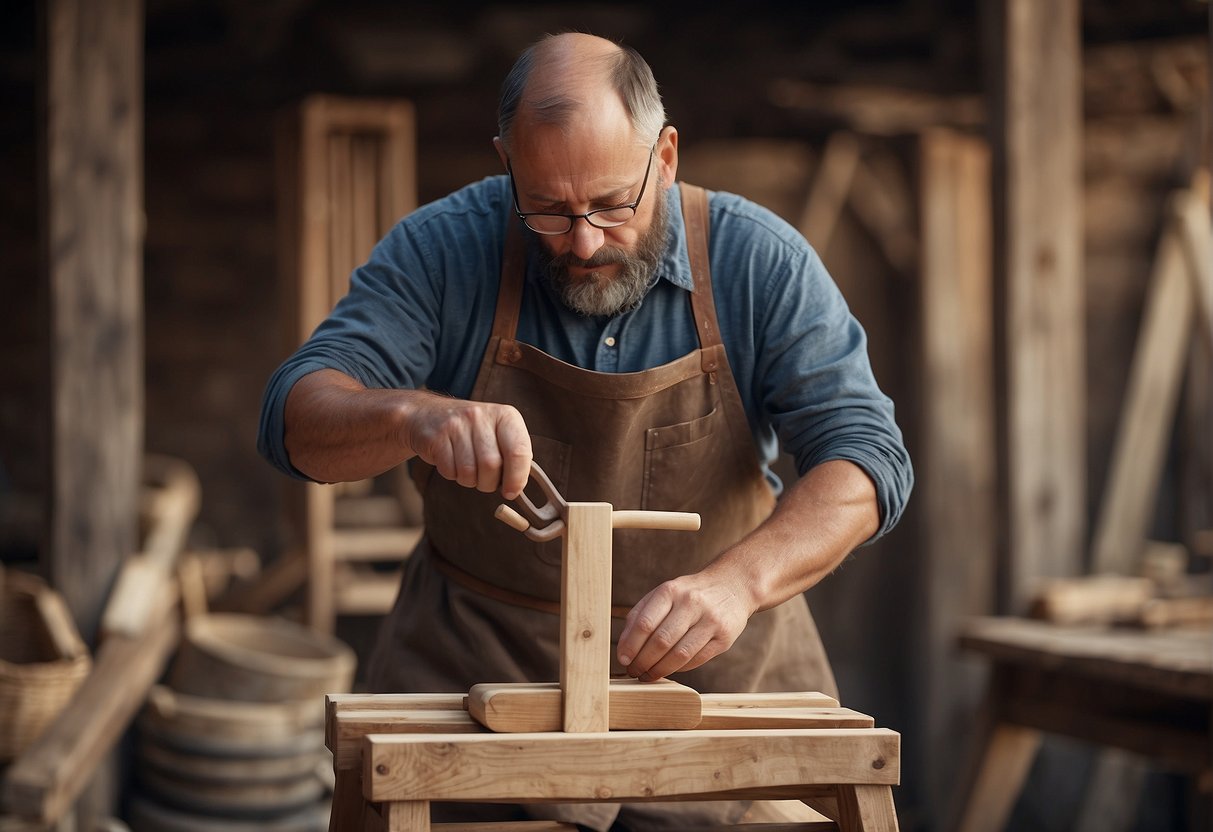 A medieval carpenter constructs a wooden high chair, using simple tools and traditional techniques