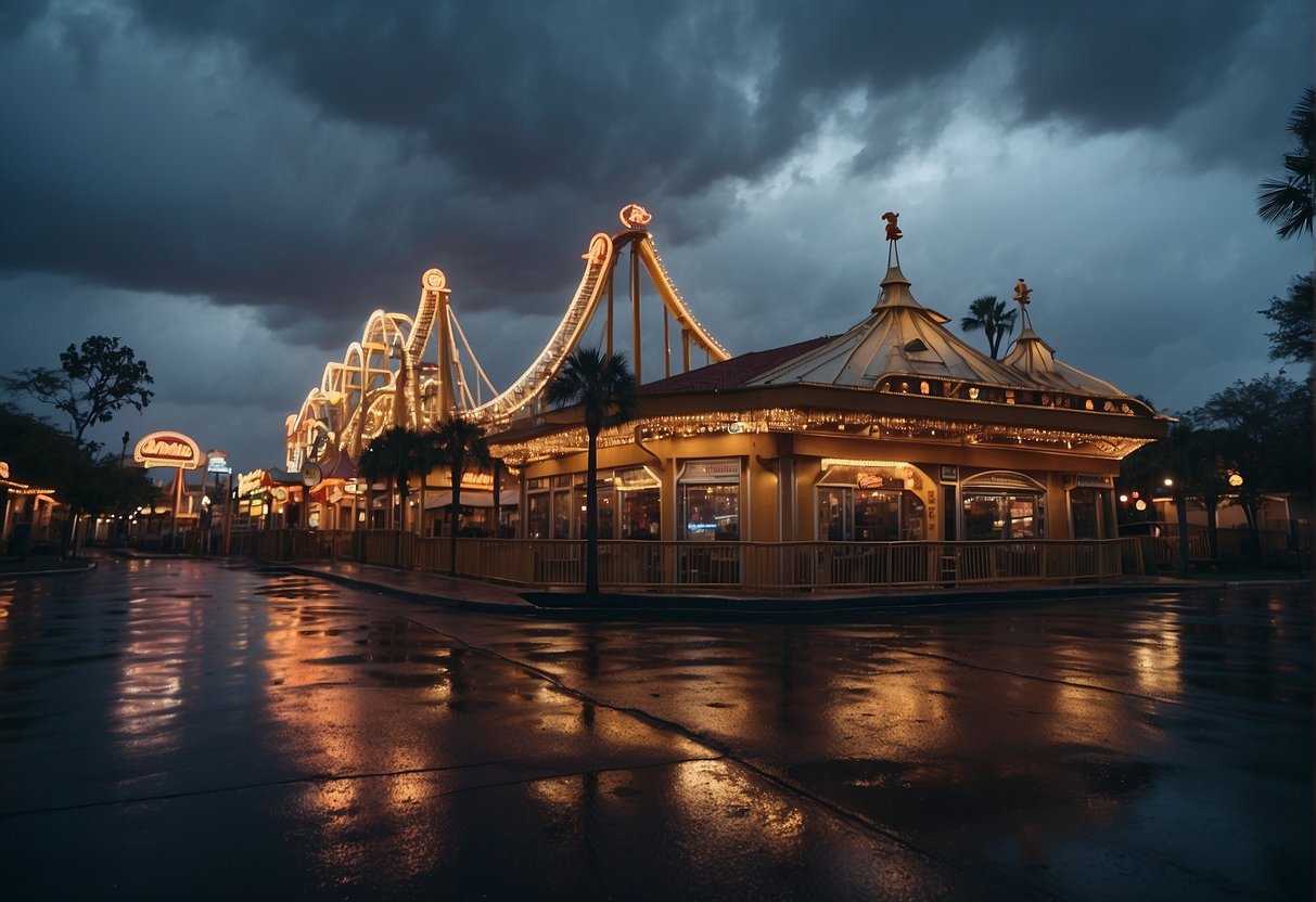 Dark storm clouds loom over empty amusement parks and deserted streets in Orlando, Florida
