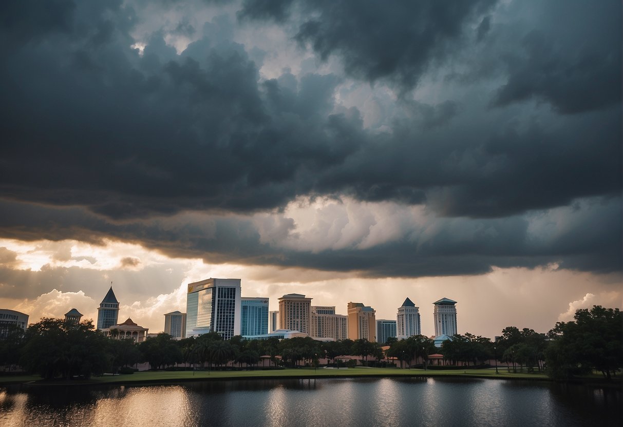 Orlando skyline under stormy clouds, deserted theme parks, empty streets, and closed attractions