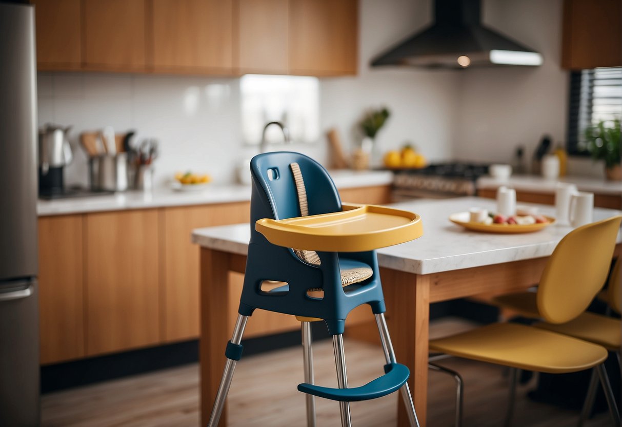 A modern high chair sits in a kitchen, meeting safety standards and regulations. It is sturdy, with a wide base and secure straps for the child