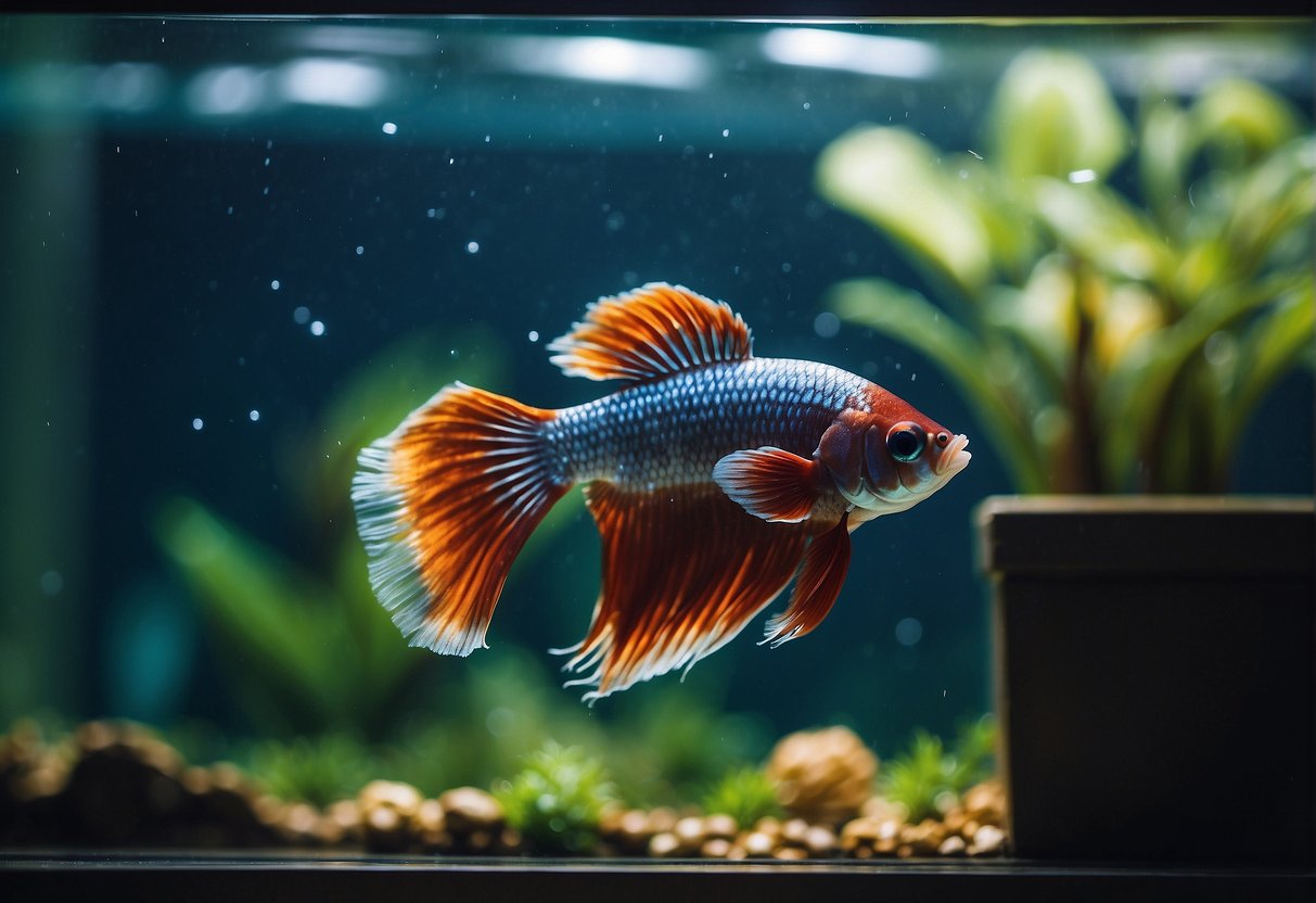 A Betta fish swims in a spacious tank with live plants and hiding spots. The water is clean, warm, and well-filtered, providing a peaceful environment