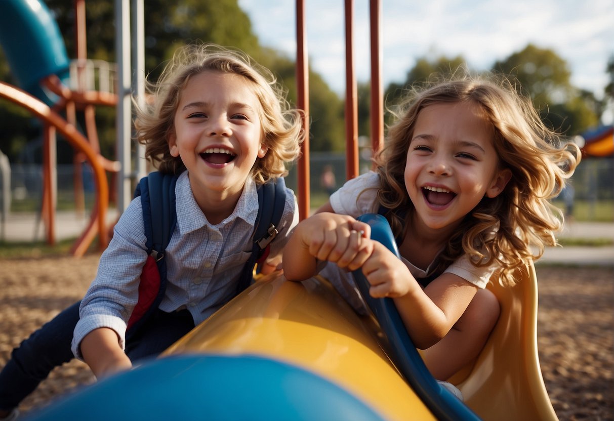 Children laughing and playing together on a playground slide, expressing joy and building social skills
