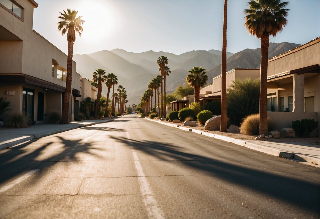 Harsh sunlight beats down on empty streets, as heat shimmers off the pavement in Palm Springs. Desert landscape appears barren and unforgiving