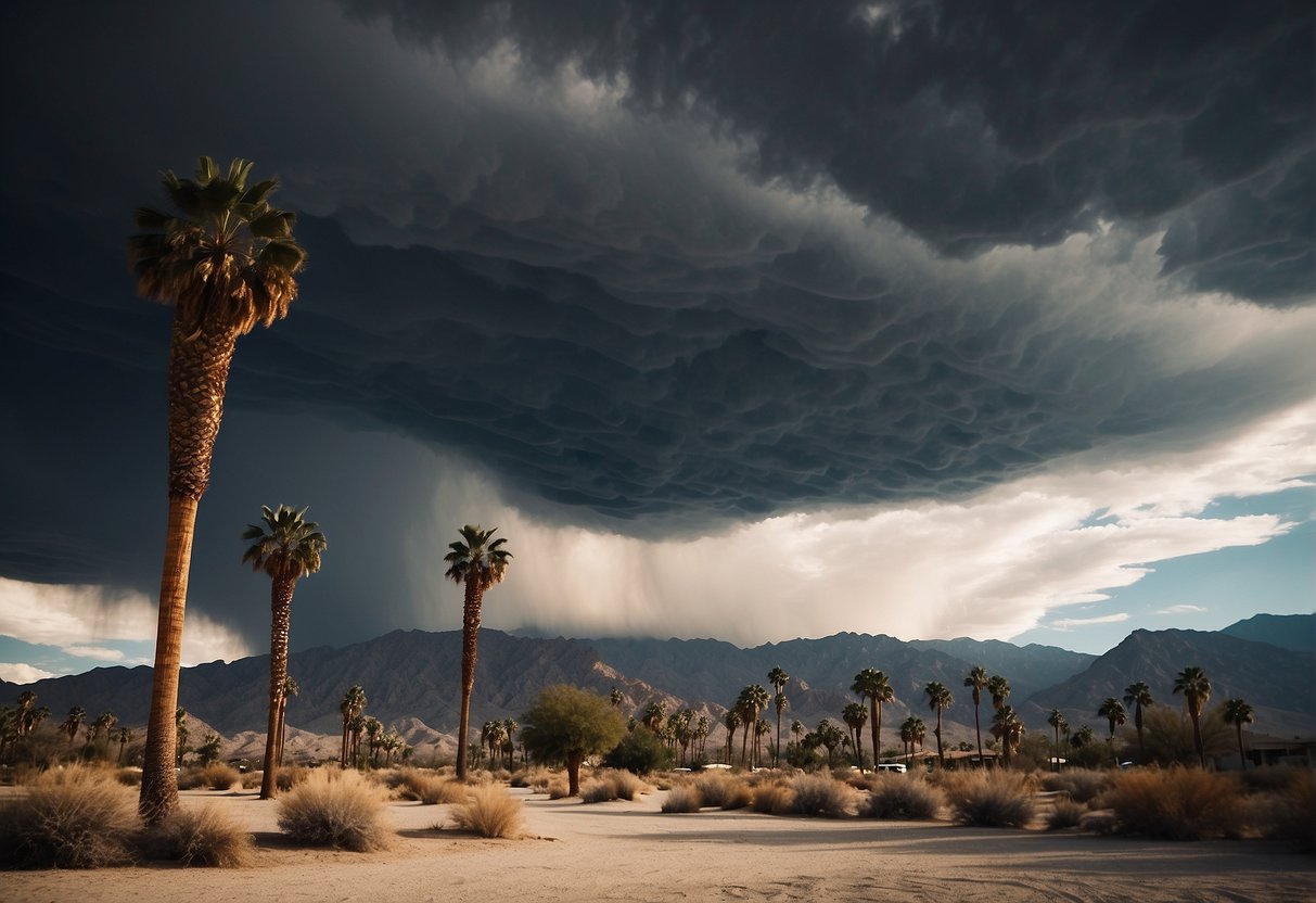 Dark storm clouds loom over the desert landscape, casting a shadow over the usually sunny Palm Springs. The wind whips through the palm trees, and the sky is filled with swirling dust and sand