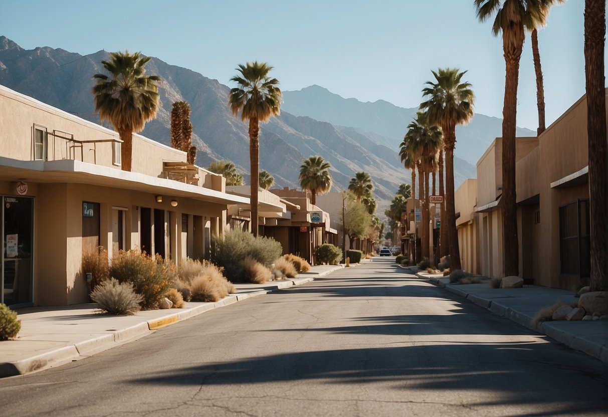 Palm Springs in summer: scorching sun, empty streets, closed shops, and wilted plants. Not a soul in sight. A deserted, sweltering ghost town
