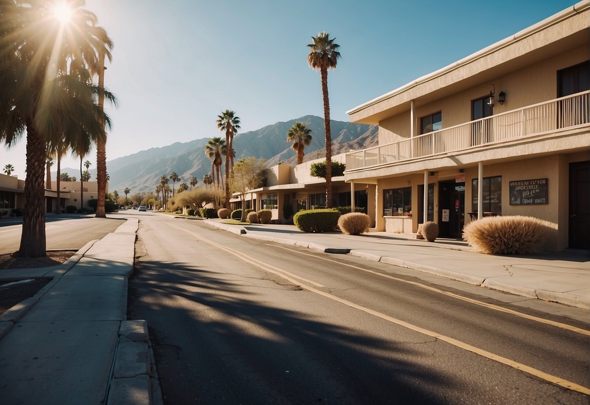 A deserted street in Palm Springs under a scorching sun with empty tourist attractions and closed shops