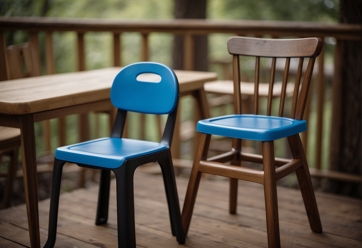 A plastic high chair stands next to a wooden one, both empty. The plastic chair is sleek and modern, while the wooden chair has a classic, rustic charm