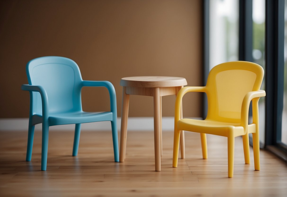 Two high chairs side by side, one made of plastic and the other of wood, set against a clean, neutral background