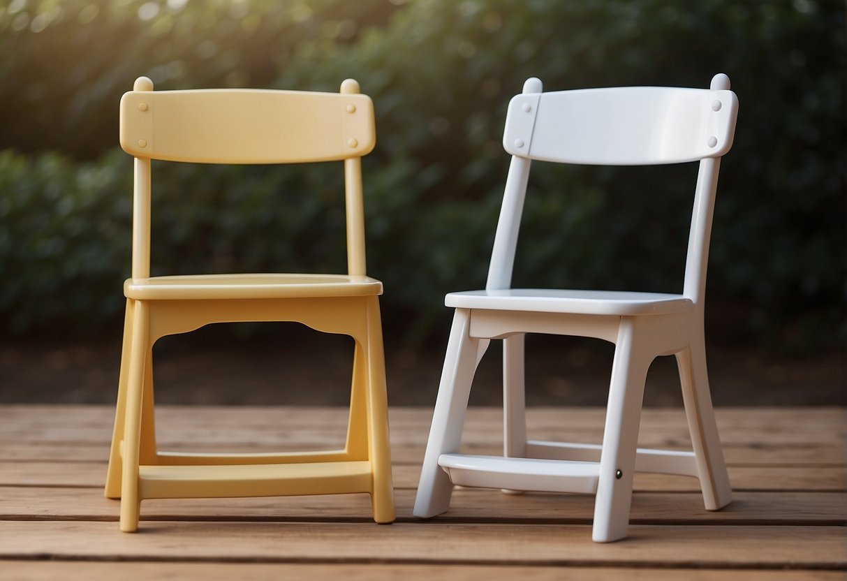 Two high chairs side by side, one made of plastic and the other of wood. Show the durability and easy cleaning of plastic, while highlighting the natural and aesthetic appeal of wood