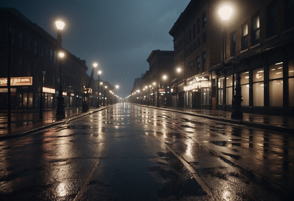 Dark storm clouds loom over deserted streets, rain pelting down on empty sidewalks and closed storefronts. The wind howls through the city, creating an eerie and desolate atmosphere