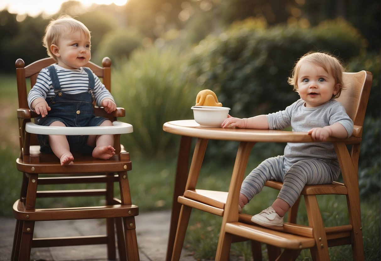 A plastic high chair withstands a toddler's vigorous movements, while a wooden one exudes a classic, timeless elegance. Both chairs sit side by side, inviting comparison