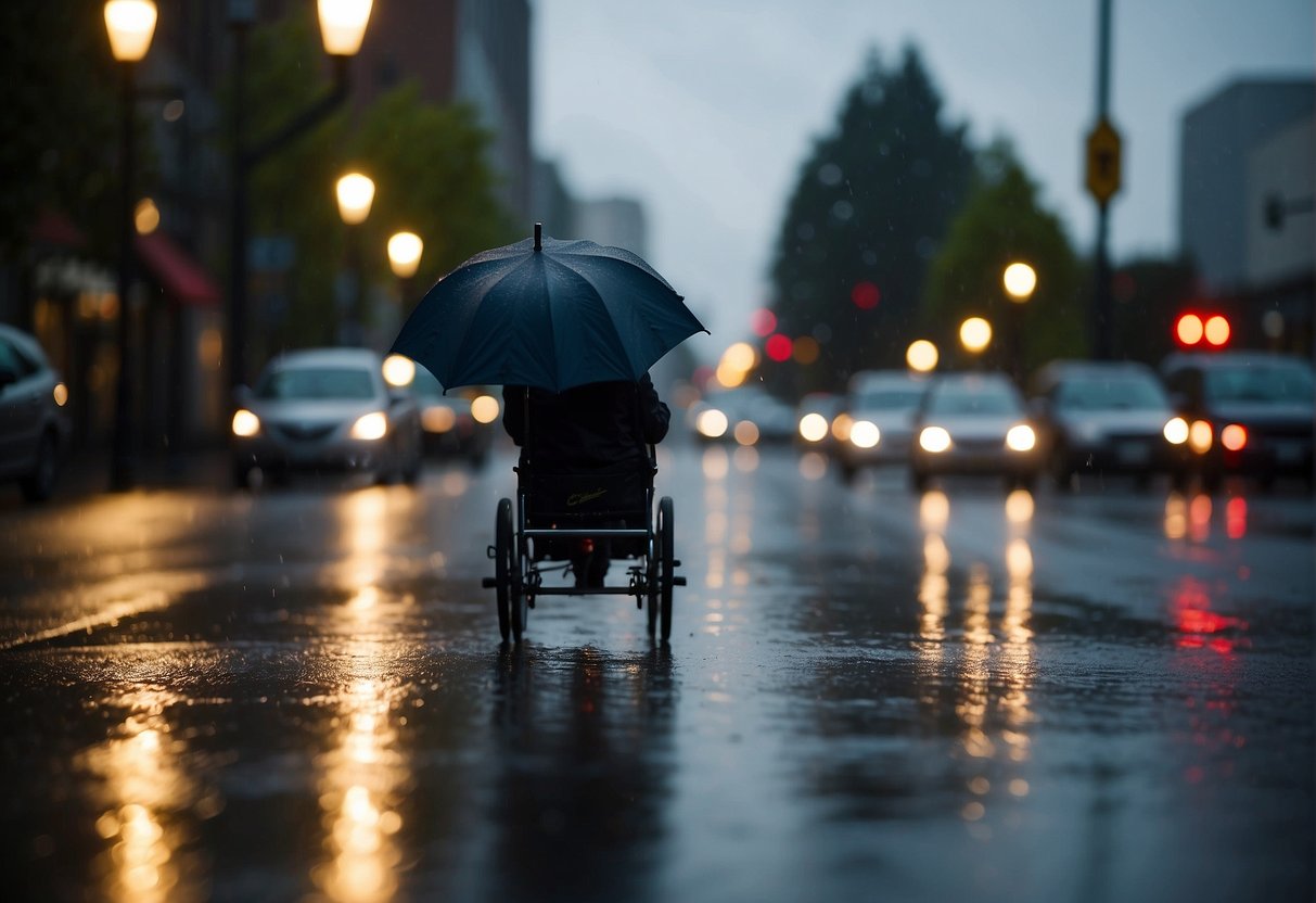 Dark clouds loom over Portland, Oregon, as strong winds whip through the city. Rain pelts the streets, creating puddles and causing umbrellas to invert