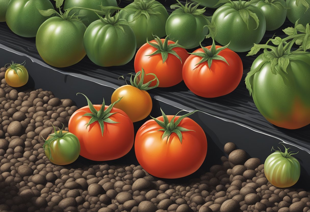 Ripe tomatoes with black, sunken bottoms lay on a garden bed