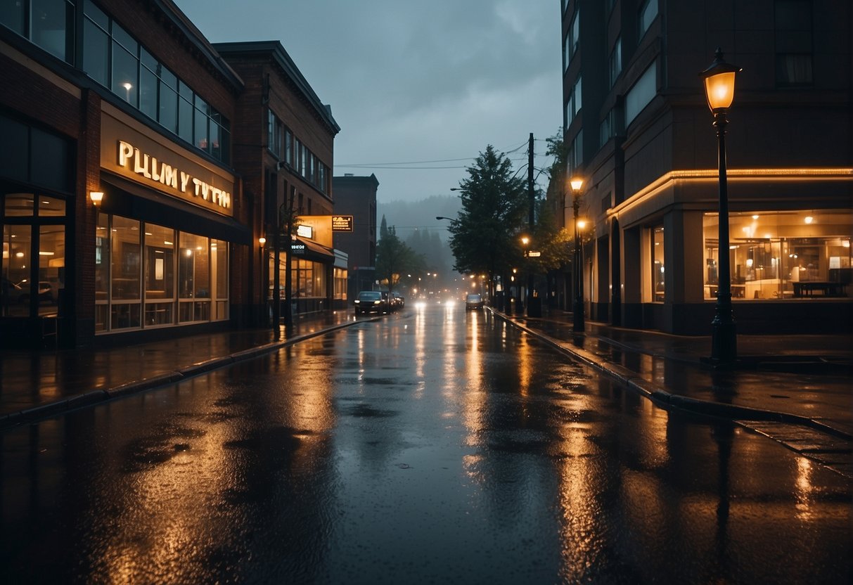 A rainy evening in Portland, Oregon. Dark clouds loom over the city, with occasional bursts of rain. The streets are quiet, with dimly lit storefronts and empty sidewalks