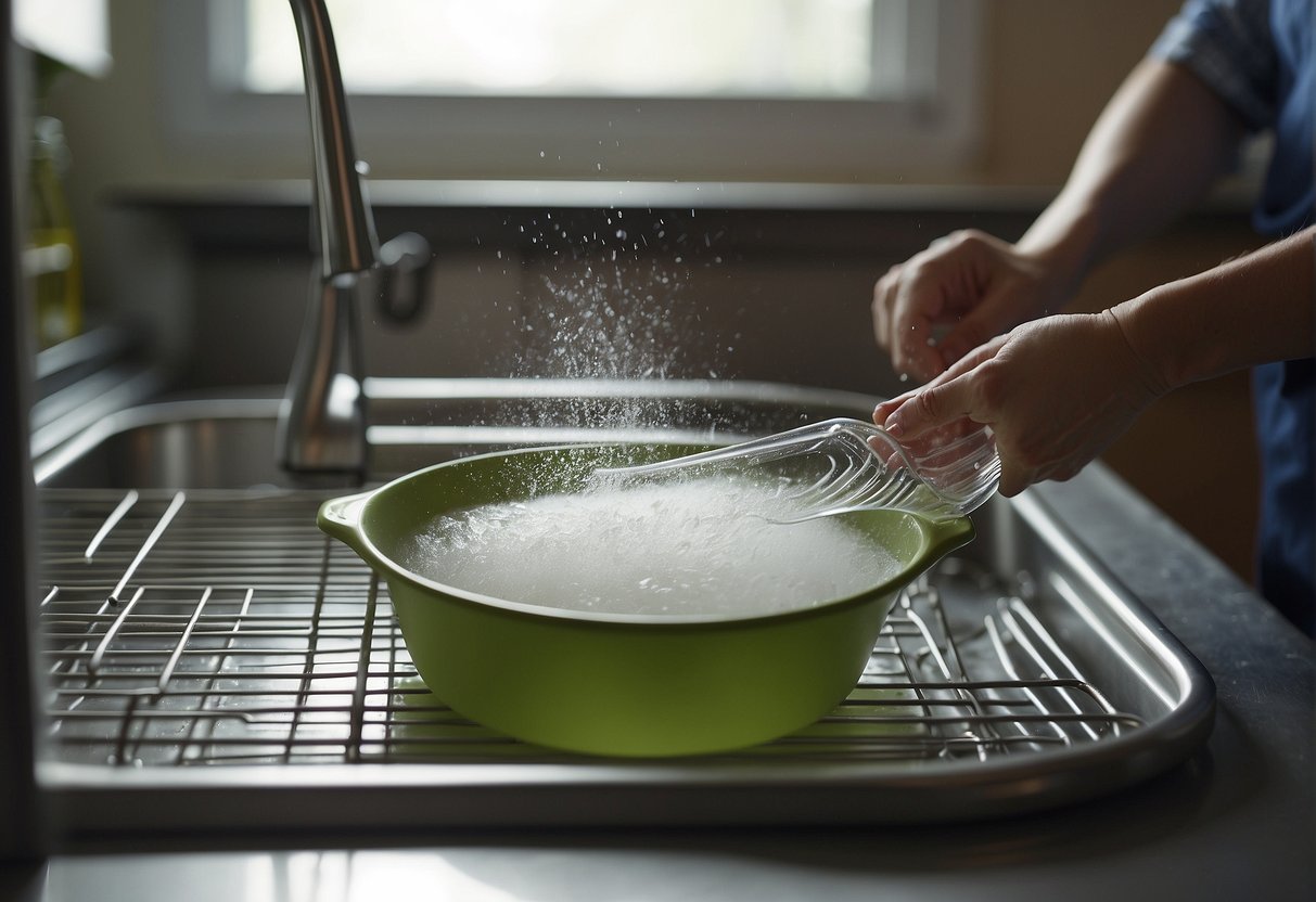 A high chair tray being placed in a dishwasher, water spraying over it, and steam rising as it goes through the cleaning cycle