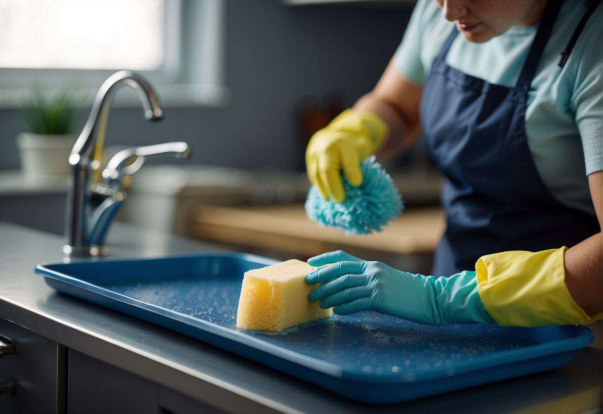 A person wipes down a high chair tray with a soapy sponge. They check for a dishwasher-safe label on the tray