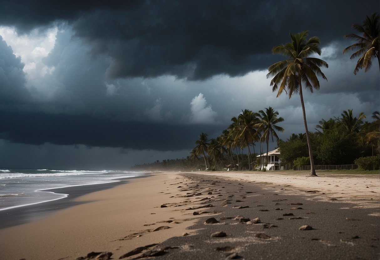 Dark storm clouds loom over deserted beaches, as strong winds whip through empty streets and palm trees sway violently