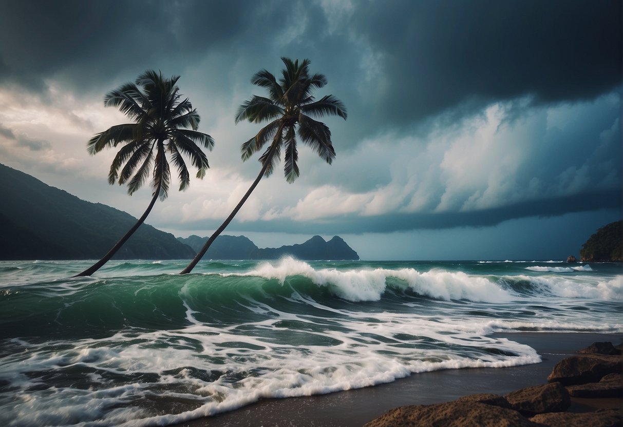 Stormy skies over turbulent sea, palm trees bending in wind, waves crashing on rocky shore. Avoid Phuket during challenging weather