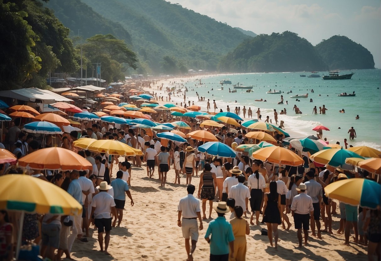 A crowded beach in Phuket during peak tourist season, with sun umbrellas and beach chairs lining the shore, and a long line of people waiting at a tourist information booth