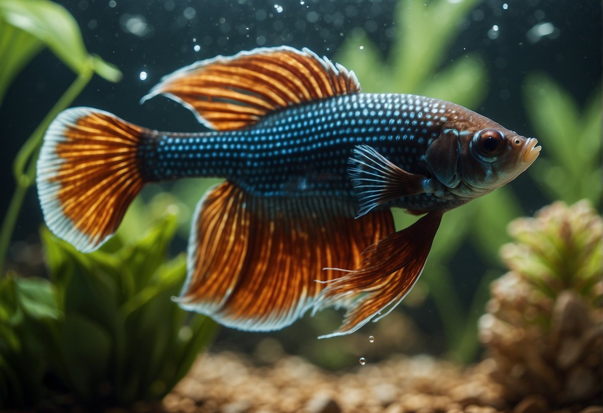 A Betta fish swims among lush aquatic plants in warm, still water. Sunlight filters through the surface, creating dappled patterns on the sandy substrate below